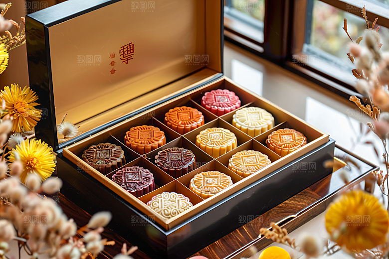 中秋月饼礼盒美食糕点摄影图