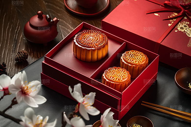中秋月饼礼盒糕点习俗摄影图