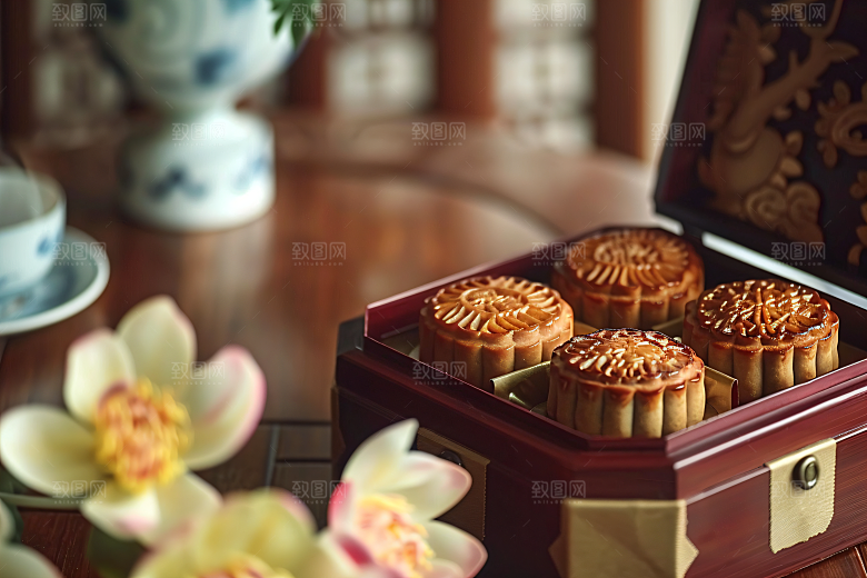 中秋月饼礼盒糕点美味摄影图
