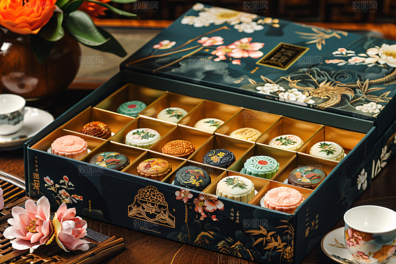 中秋月饼礼盒传统美食中秋节摄影图