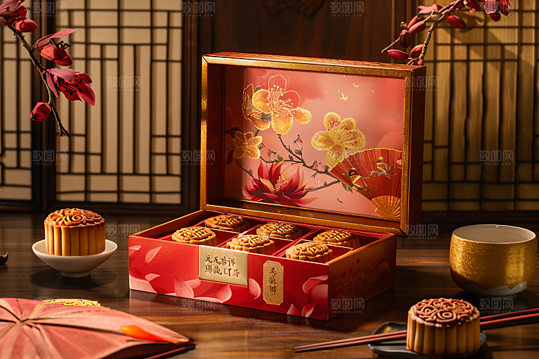 中秋月饼礼盒莲蓉月饼礼品摄影图