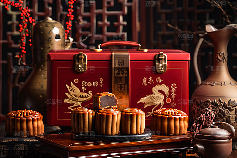 中秋月饼礼盒莲蓉月饼礼品摄影图
