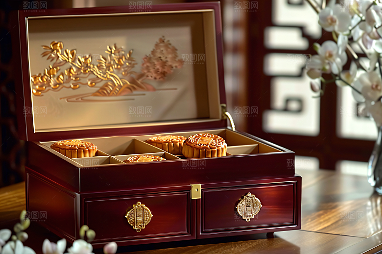 中秋月饼礼盒礼品精致摄影图