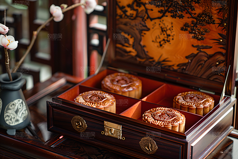 中秋月饼礼盒美味传统美食摄影图