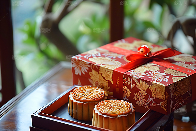 中秋月饼礼盒美食习俗摄影图
