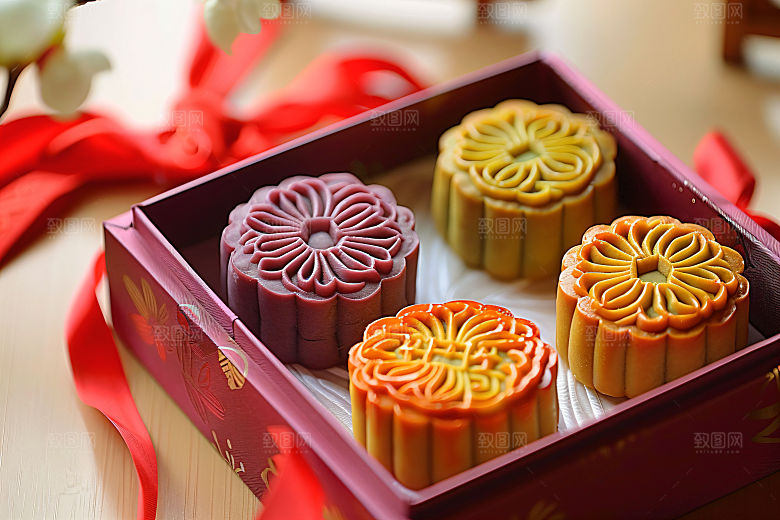 中秋月饼礼盒精致传统美食摄影图