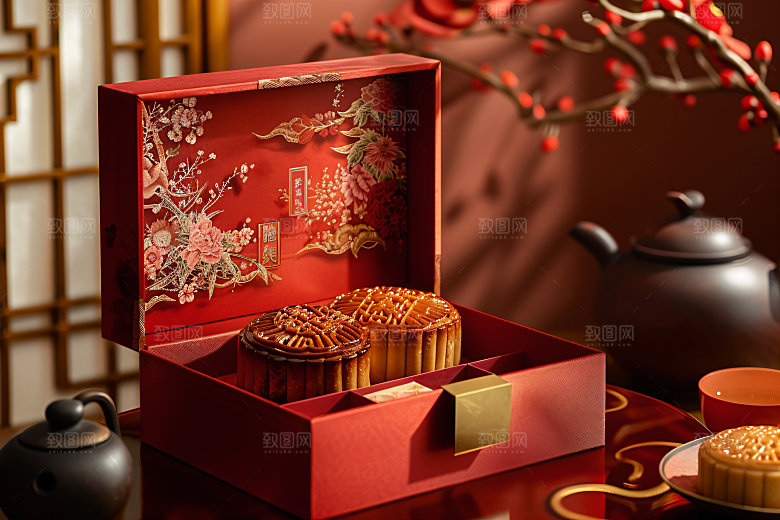 中秋月饼礼盒美食莲蓉月饼摄影图