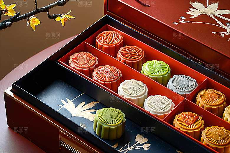 中秋月饼礼盒中秋节美味摄影图