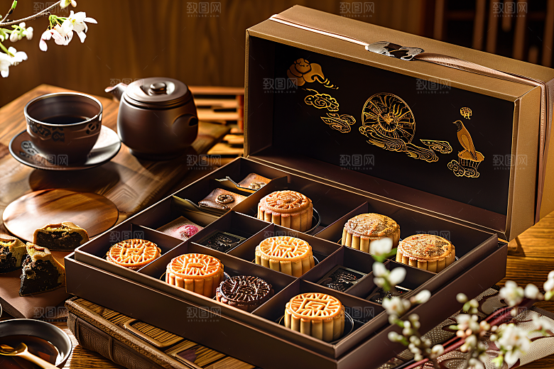 中秋月饼礼盒习俗糕点摄影图