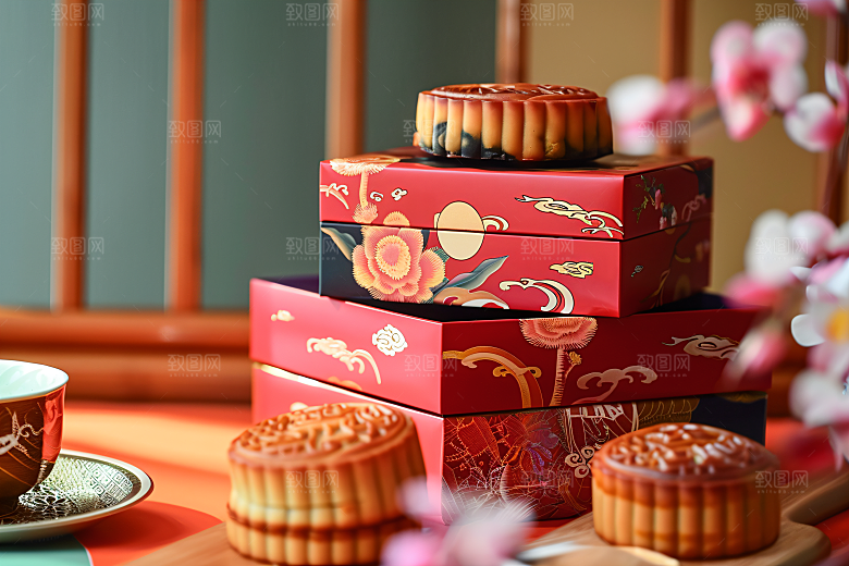 中秋月饼礼盒美食莲蓉月饼摄影图