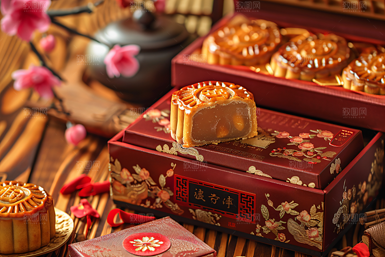 中秋月饼礼盒精致传统美食摄影图