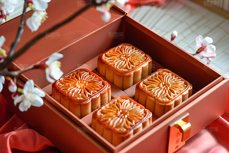 中秋月饼礼盒传统美食莲蓉月饼摄影图