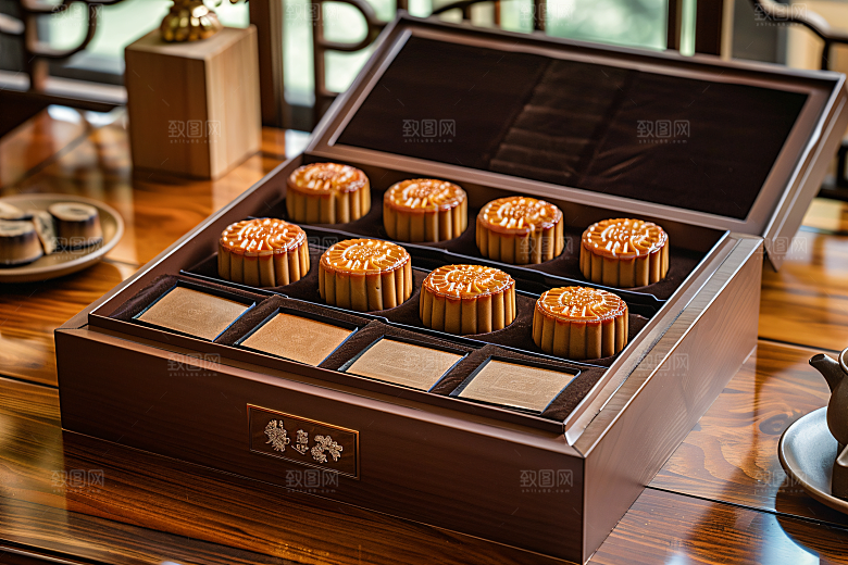 中秋月饼礼盒美味广式月饼摄影图