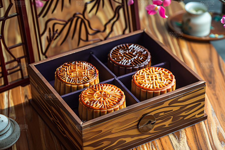 中秋月饼礼盒传统美食礼品摄影图