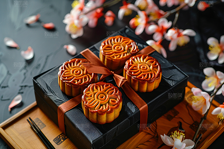 中秋月饼礼盒甜点传统美食摄影图