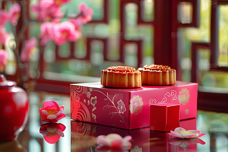 中秋月饼礼盒美味广式月饼摄影图