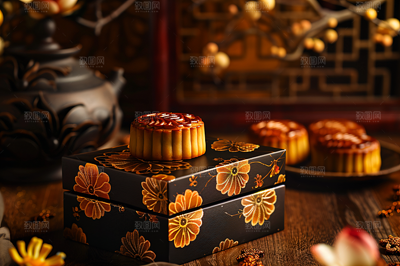 中秋月饼礼盒甜点习俗摄影图