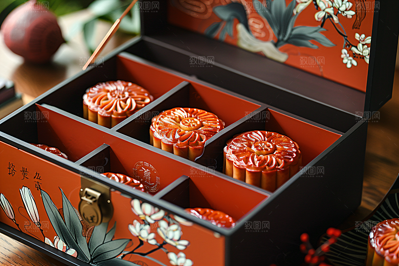 中秋月饼礼盒精致甜点摄影图