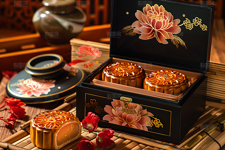 中秋月饼礼盒广式月饼甜点摄影图