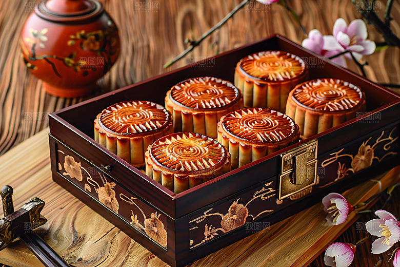 中秋月饼礼盒广式月饼精致摄影图