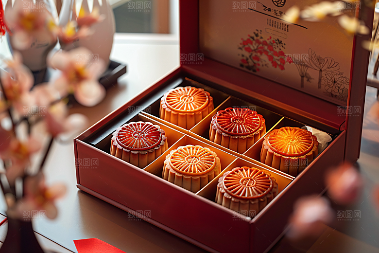 中秋月饼礼盒美味甜点摄影图
