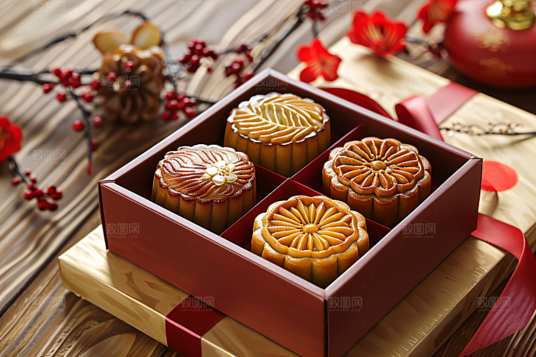 中秋月饼礼盒广式月饼甜点摄影图