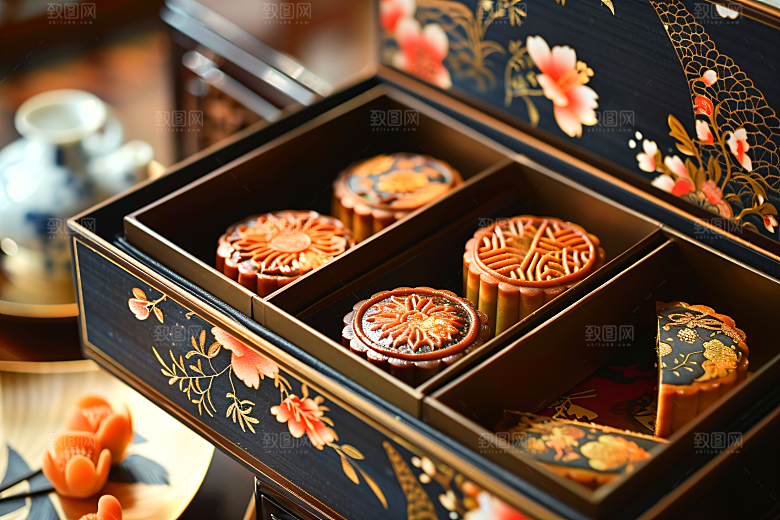 中秋月饼礼盒传统美食美味摄影图