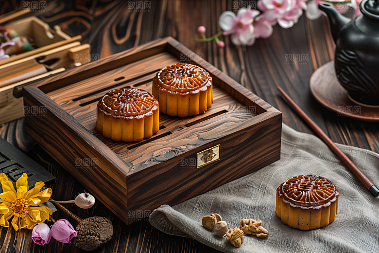 中秋月饼礼盒中秋节甜点摄影图
