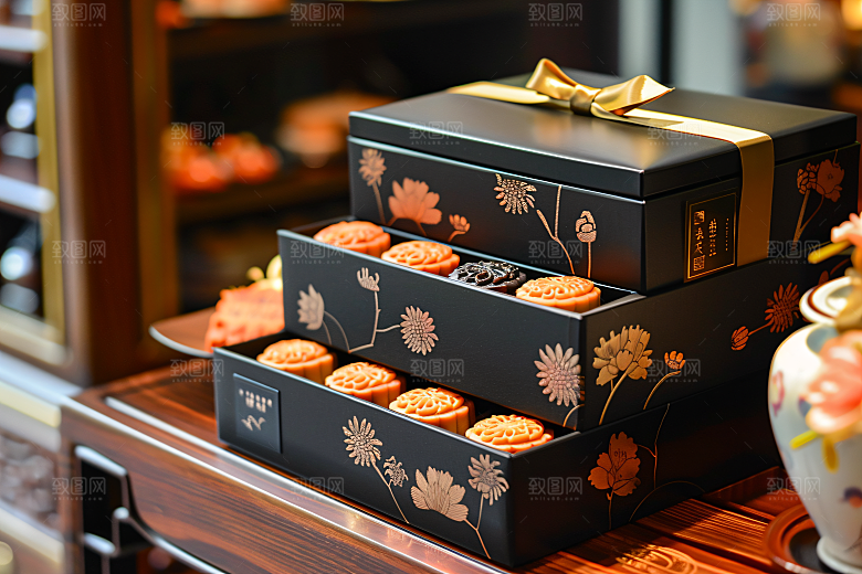 中秋月饼礼盒莲蓉月饼礼品摄影图