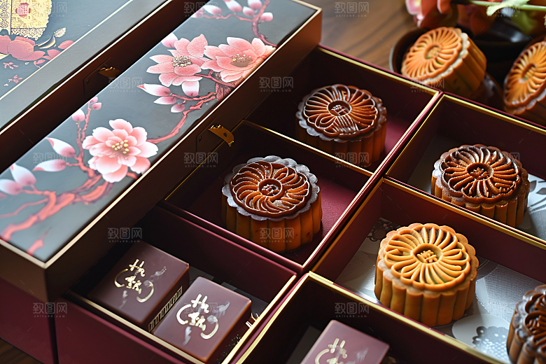 中秋月饼礼盒中秋节糕点摄影图