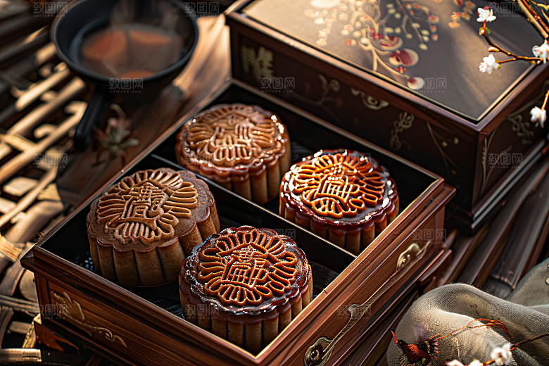中秋月饼礼盒美味甜点摄影图