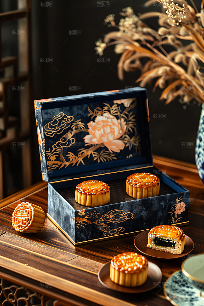中秋月饼礼盒传统节日美食摄影图