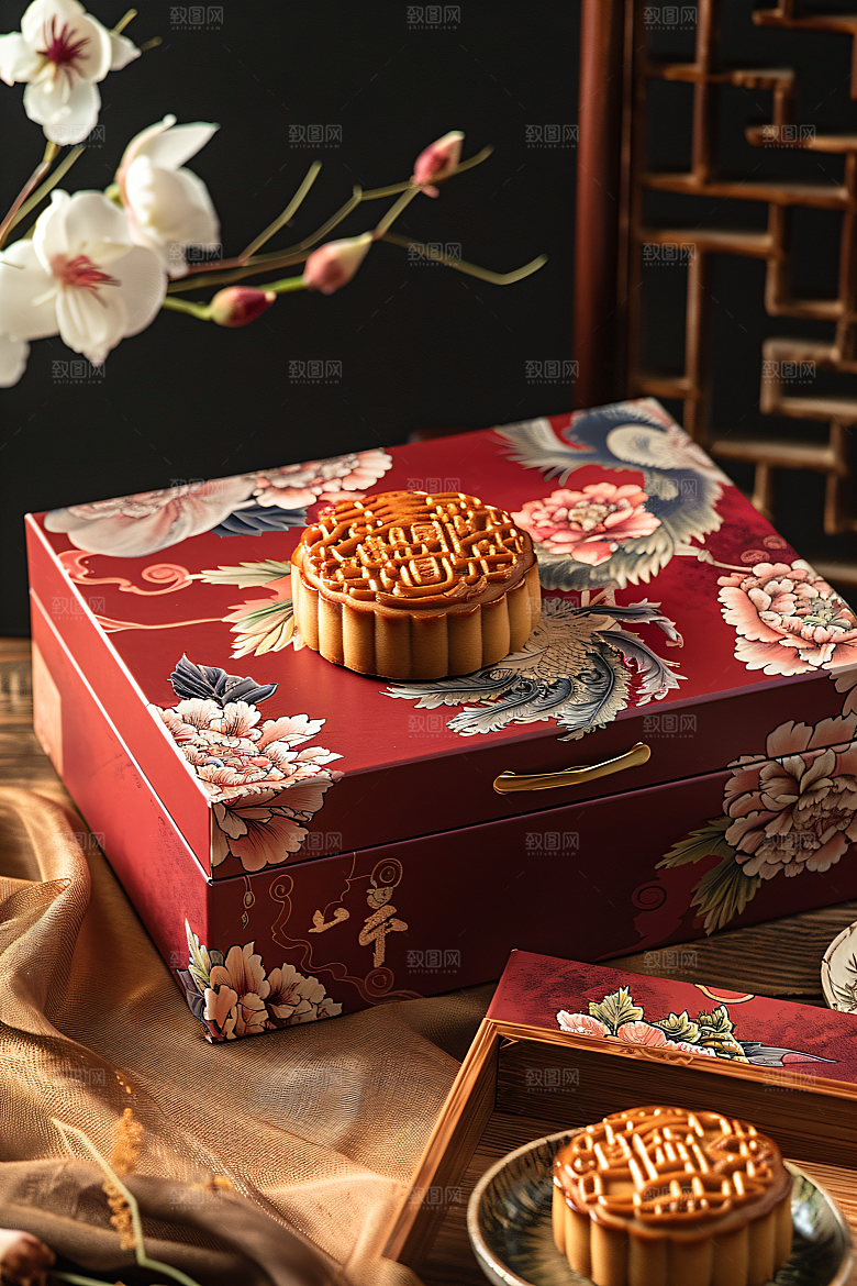 中秋月饼礼盒传统美食美味摄影图