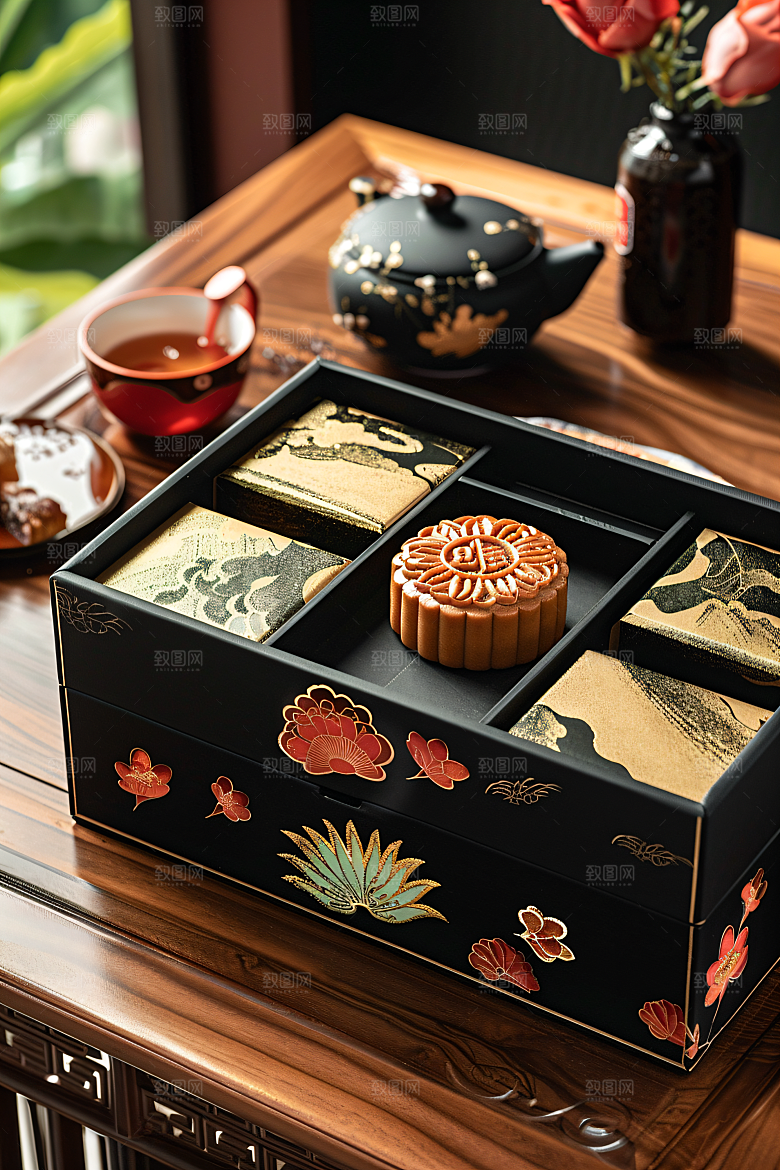 中秋月饼礼盒美味精致摄影图