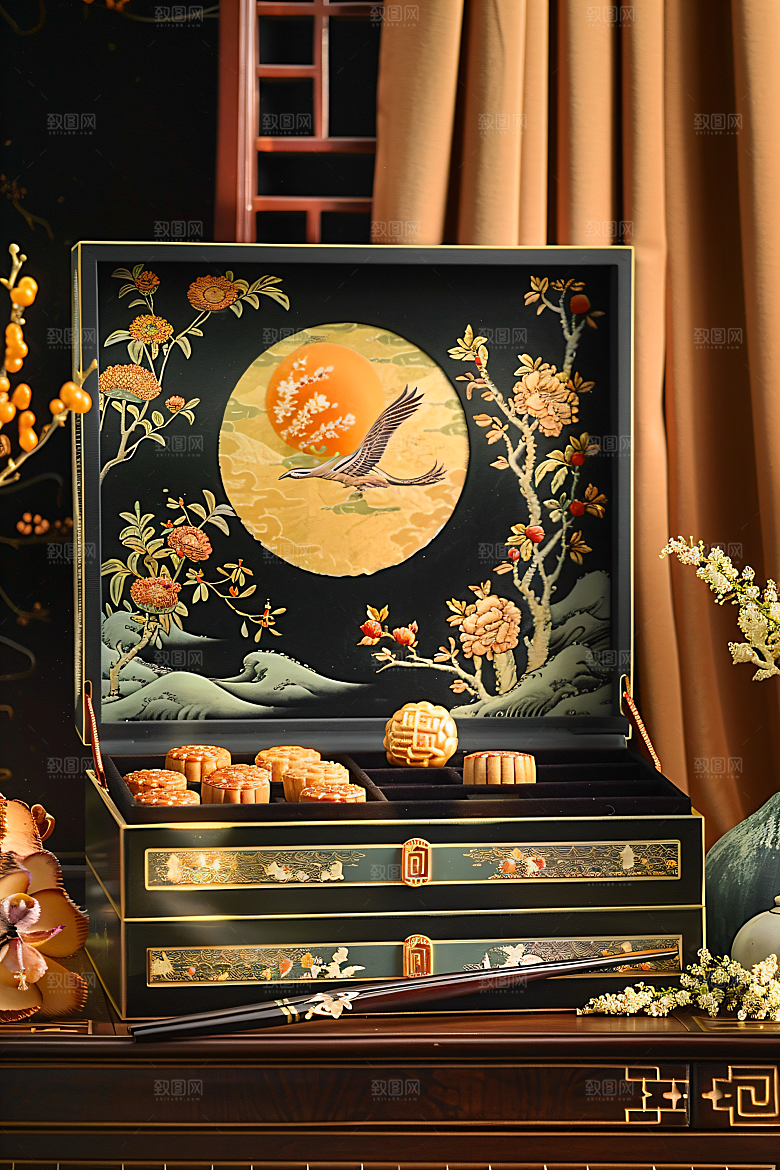 中秋月饼礼盒高清中秋节摄影图
