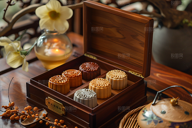 中秋月饼礼盒甜点精致摄影图