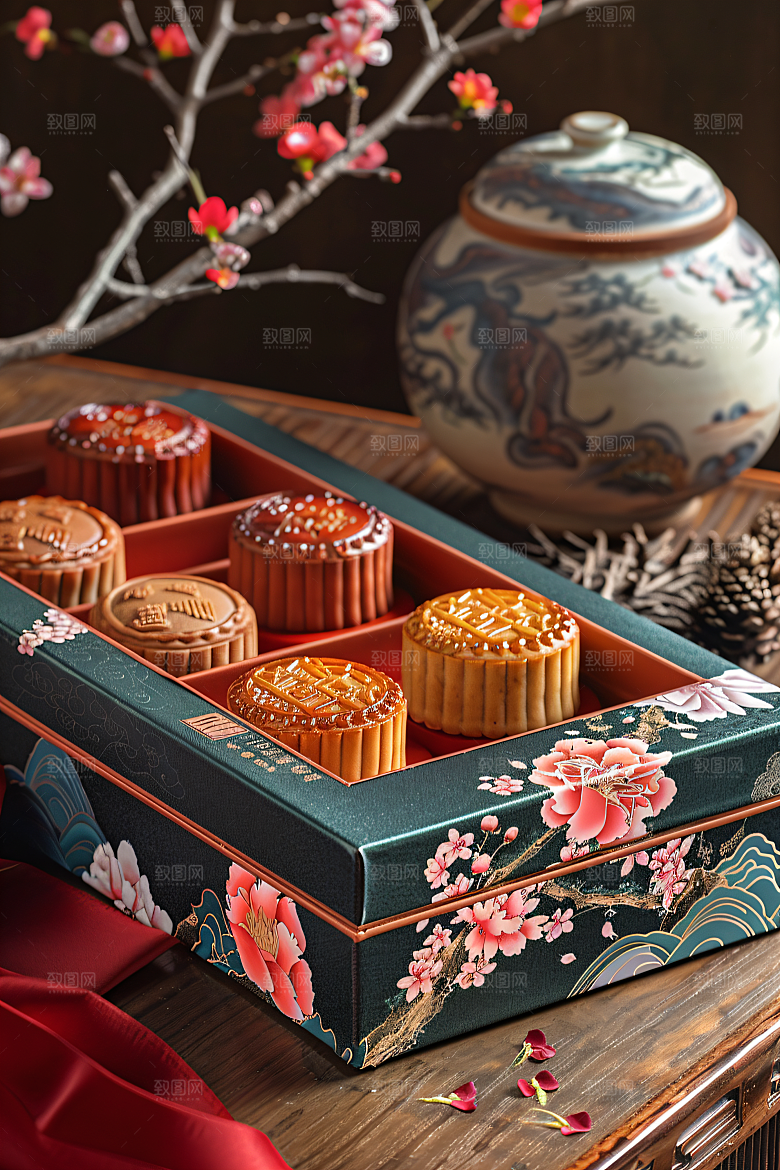 中秋月饼礼盒糕点莲蓉月饼摄影图