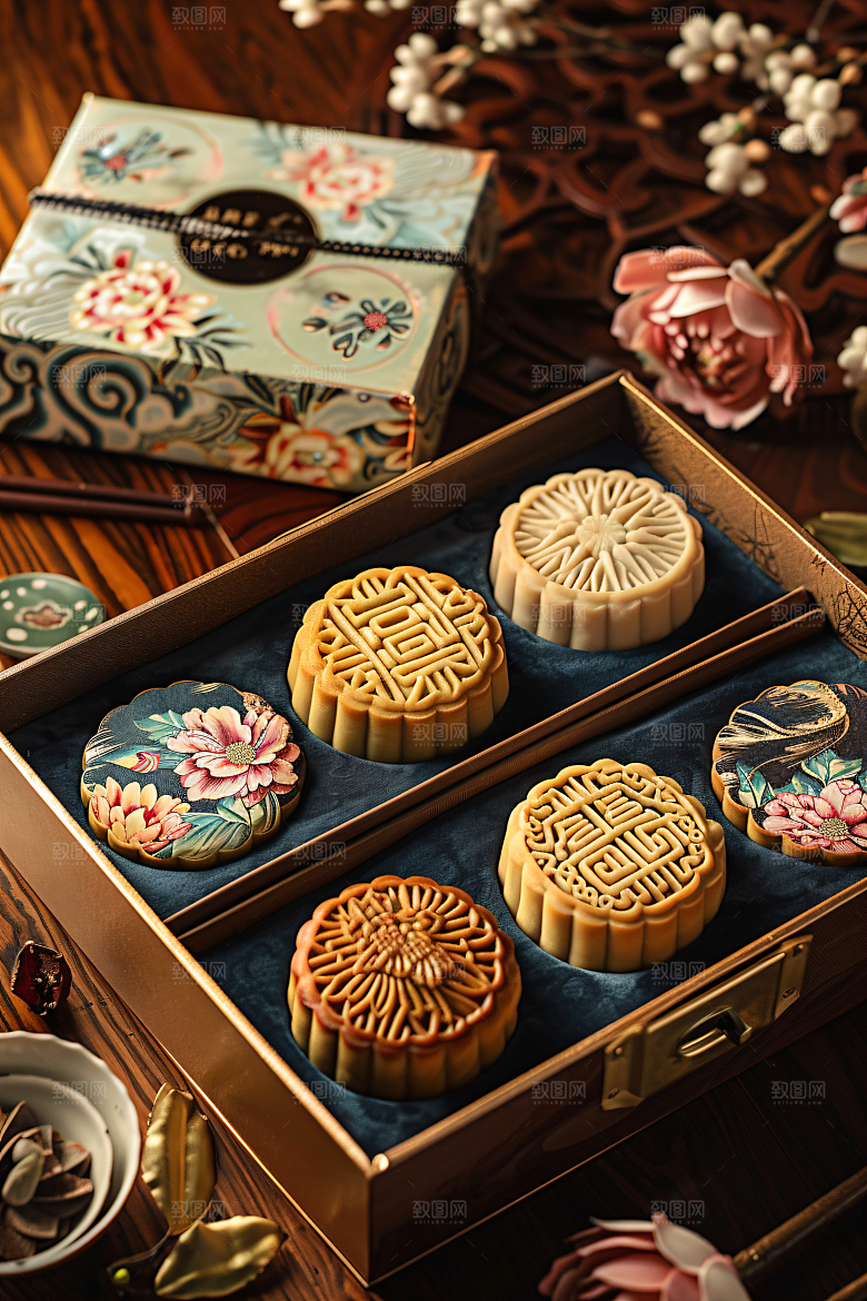 中秋月饼礼盒传统节日美食摄影图