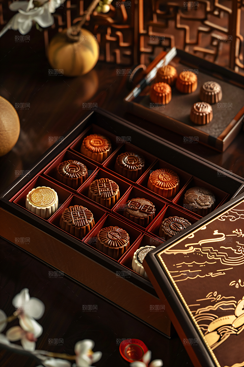 中秋月饼礼盒莲蓉月饼美味摄影图