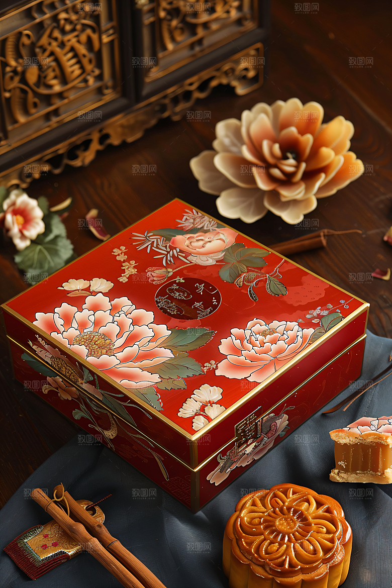 中秋月饼礼盒传统节日美味摄影图