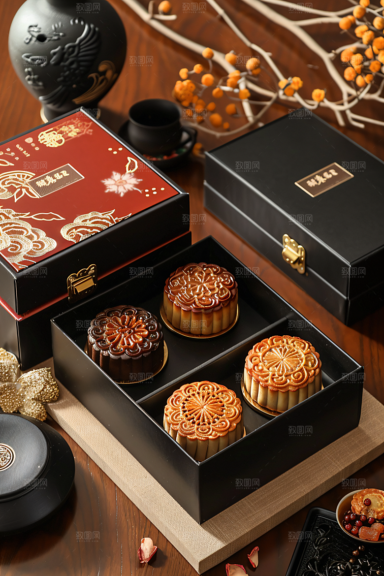 中秋月饼礼盒甜点美味摄影图