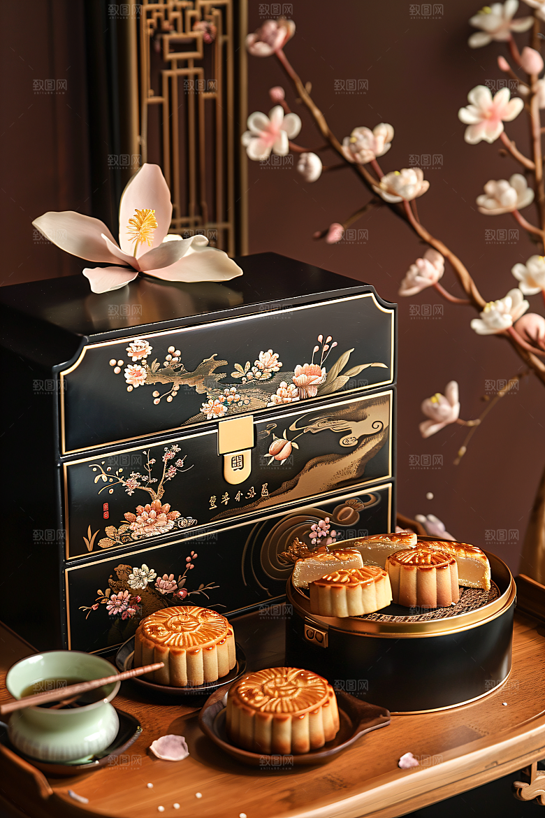 中秋月饼礼盒传统节日习俗摄影图