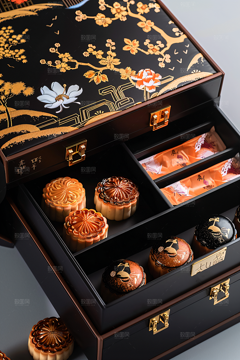 中秋月饼礼盒广式月饼习俗摄影图