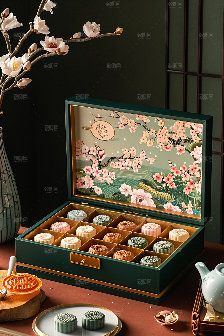中秋月饼礼盒传统美食中秋节摄影图