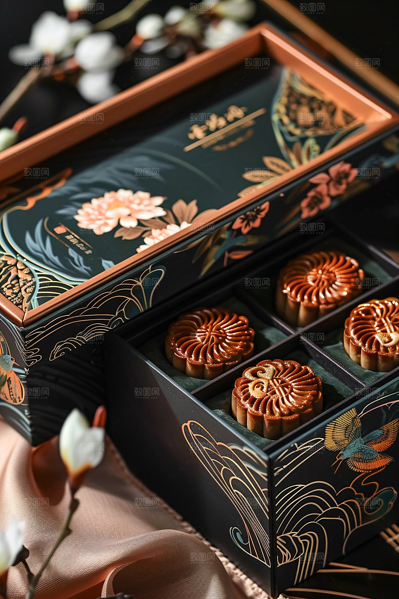 中秋月饼礼盒莲蓉月饼礼品摄影图