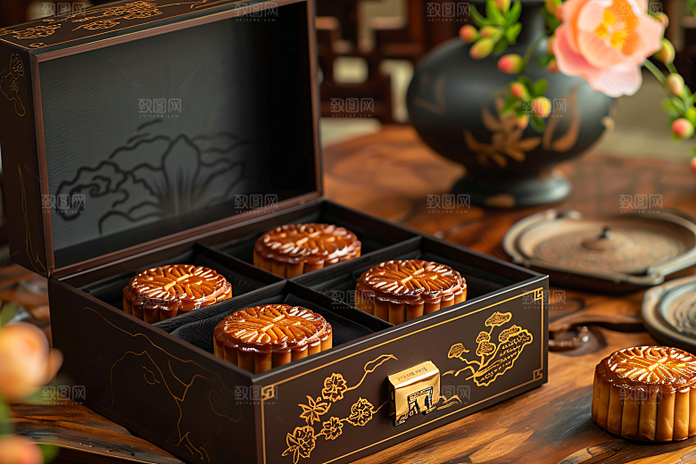 中秋月饼礼盒礼品传统美食摄影图