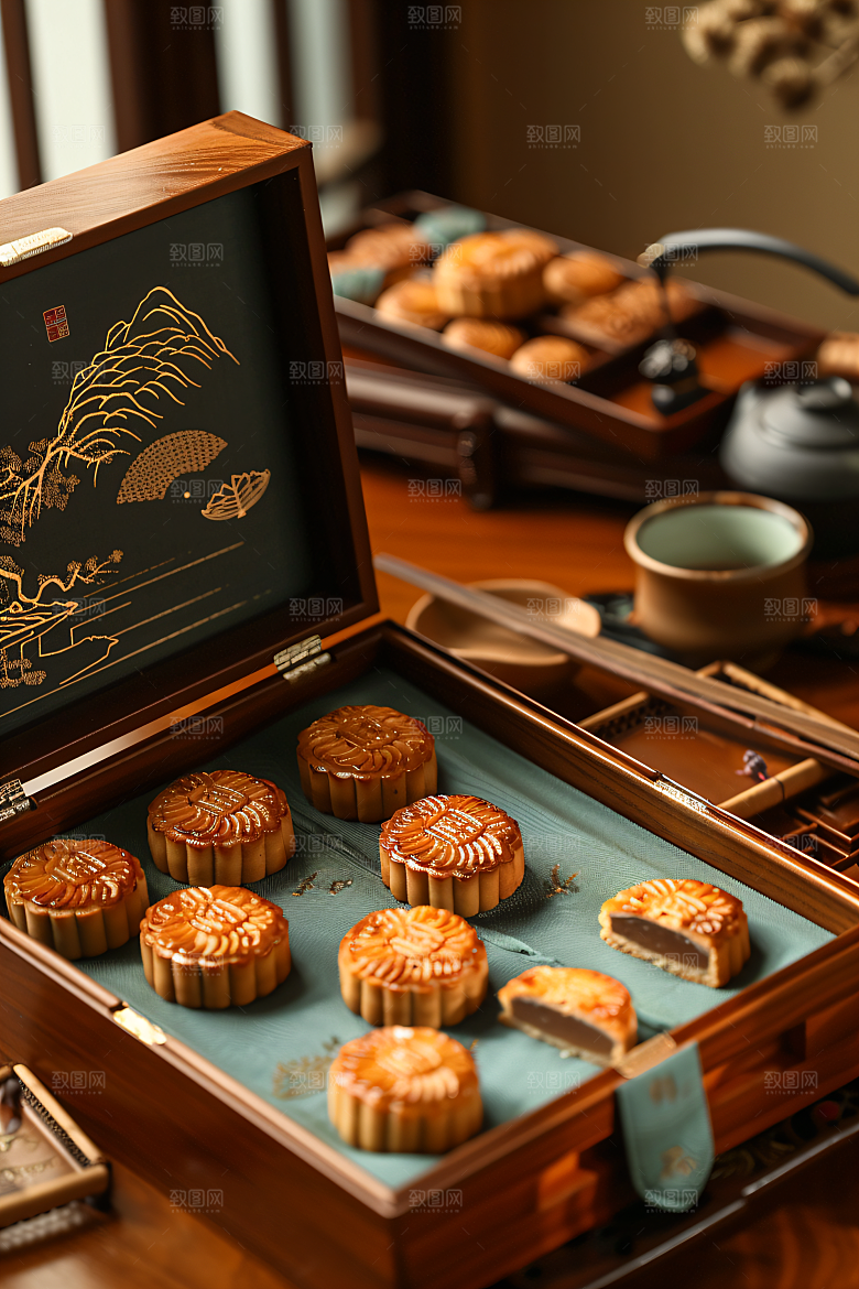 中秋月饼礼盒糕点美味摄影图