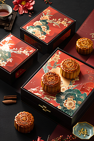 中秋月饼礼盒莲蓉月饼传统美食摄影图