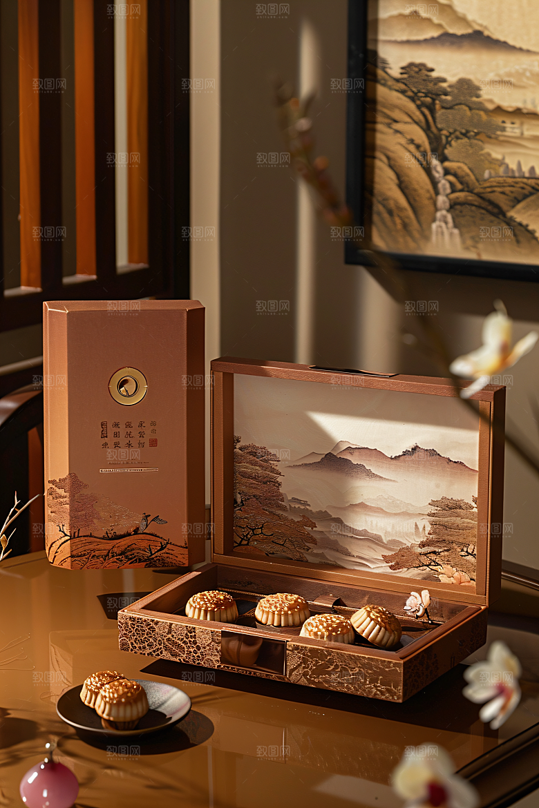 中秋月饼礼盒甜点中秋节摄影图
