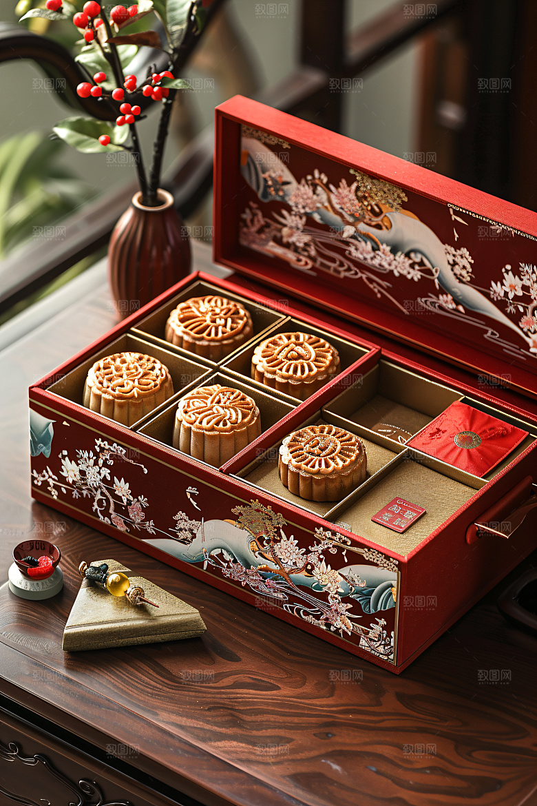 中秋月饼礼盒甜点文化摄影图